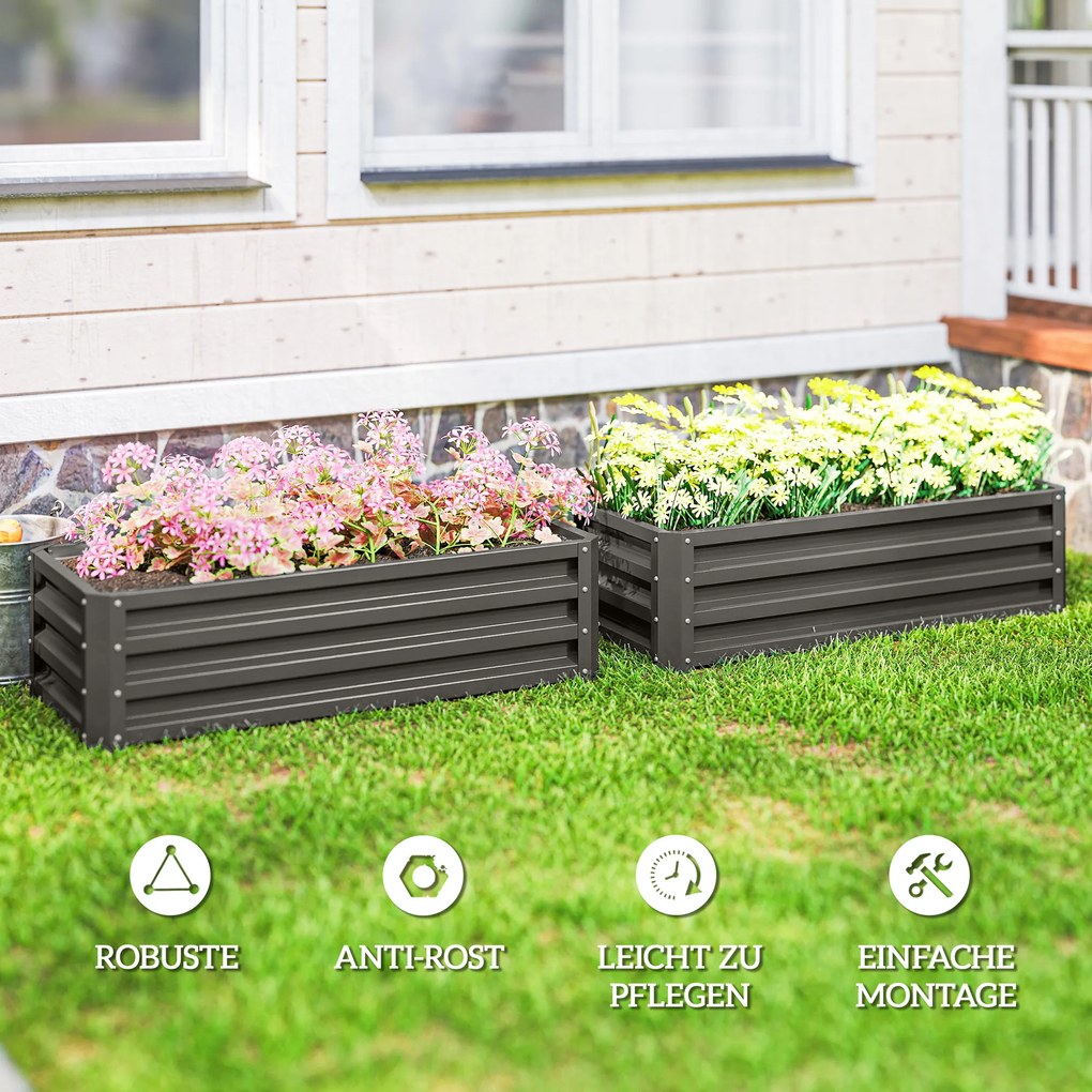 Outsunny Metalowe podwyższane grządki 2 sztuki otwarte dno do ogrodu i na balkon 110x50x30 cm ciemnoszare | Aosom PL