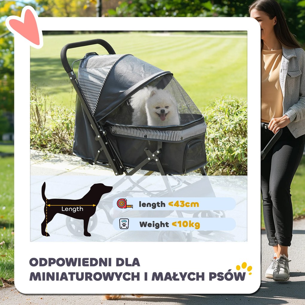 PawHut Wózek dla Małych Psów i Kotów z Oknami z Siatki, Czarny, Oxford, 76,5 x 52 x 95 cm