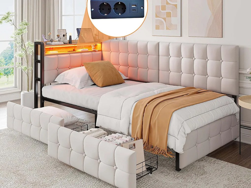Kanapa rozkładana z tapicerką 90 x 200 cm - z 2 szufladami - z oświetleniem LED - z portami USB i Type-C - Beżowa (bez materaca)