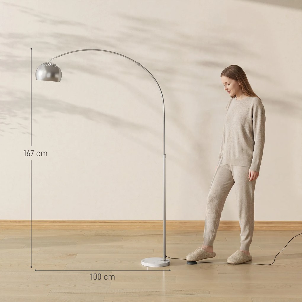 HOMCOM Lampa podłogowa, design łukowy z marmurową podstawą, 167 cm, srebrna | Aosom PL