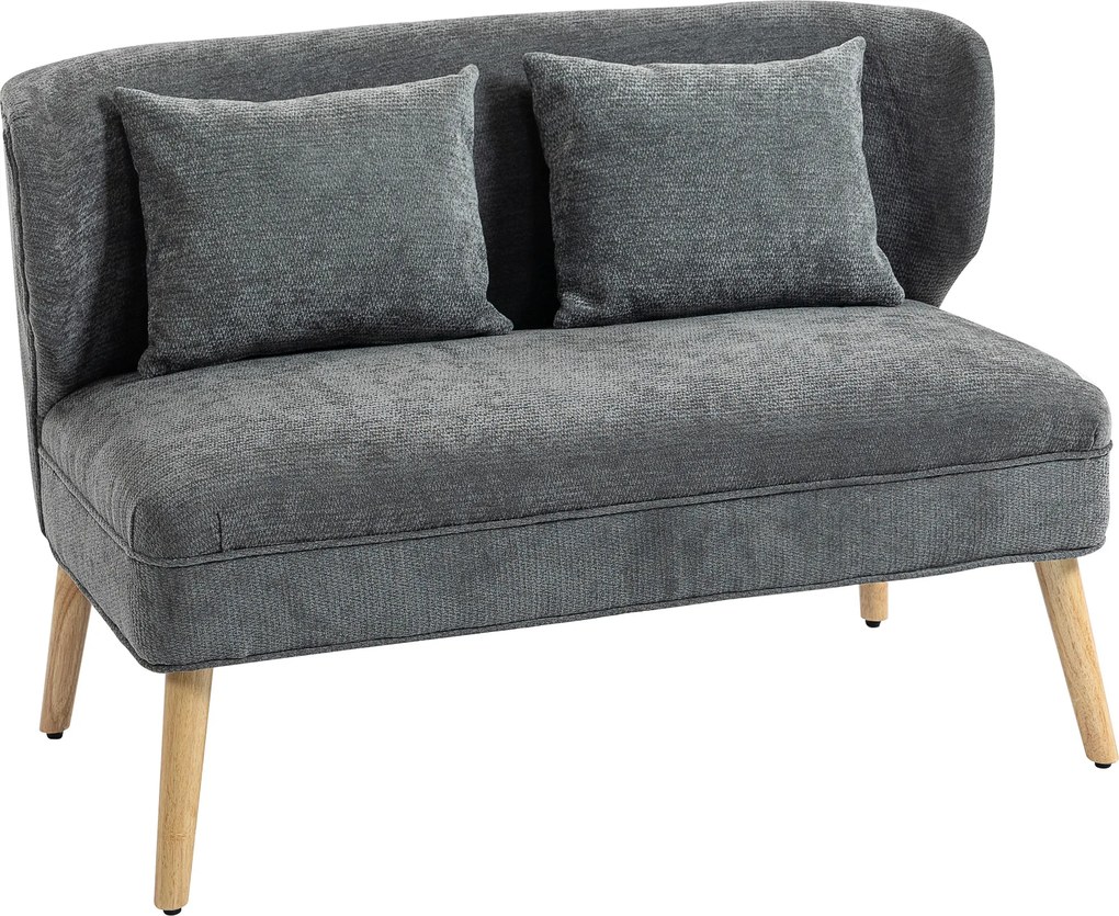 HOMCOM 2-osobowa sofa, mała sofa z chenille, oparcie skrzydłowe, grube siedzisko, nogi z drewna kauczukowego, szara | Aosom PL