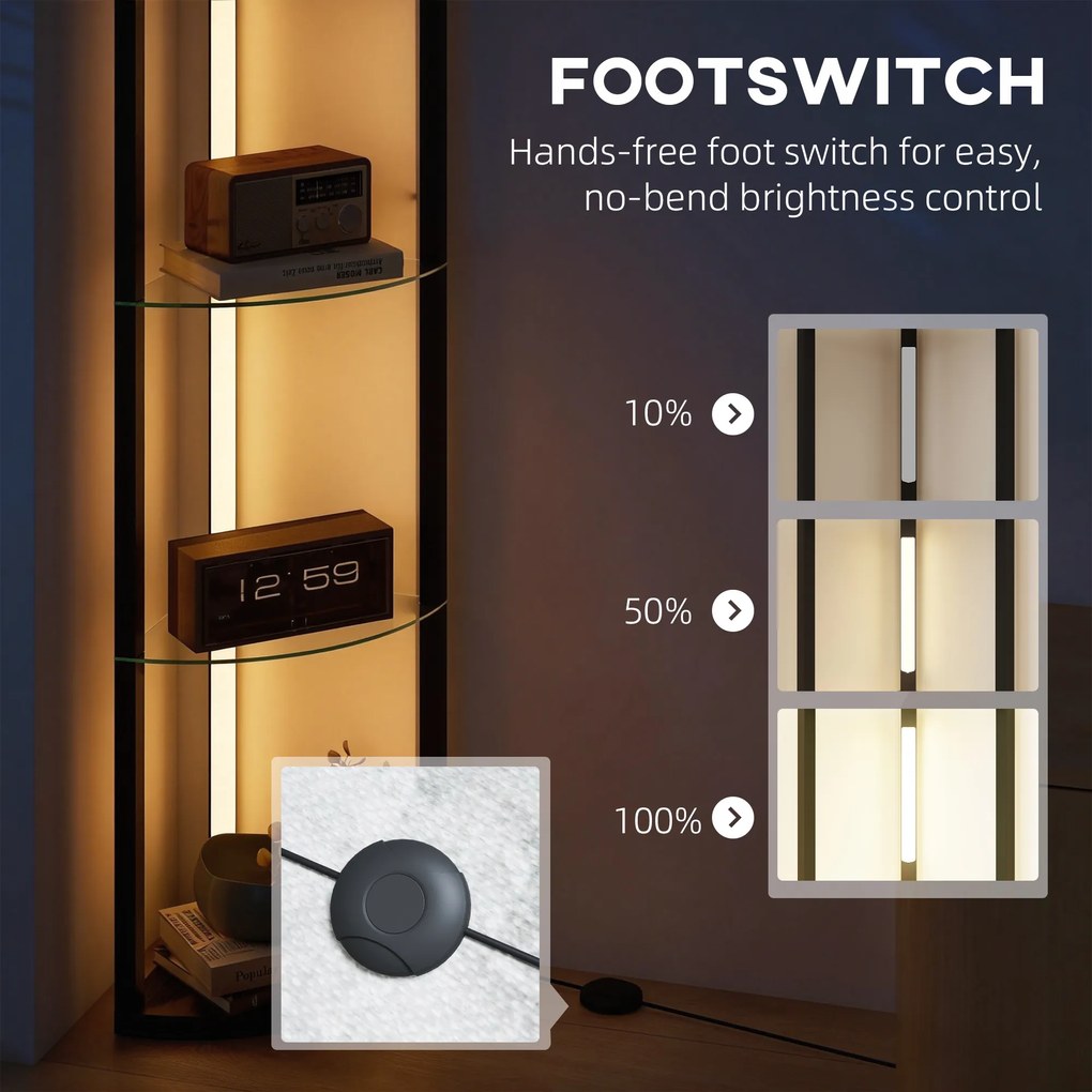 HOMCOM LED Lampa Stojąca ze Szklanymi Półkami, Lampa z 3 Poziomami Jasności, Czarna | Aosom PL