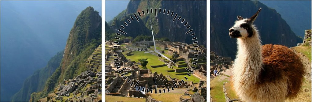 Obraz - Lama i Machu Picchu (z zegarem) (90x30 cm)