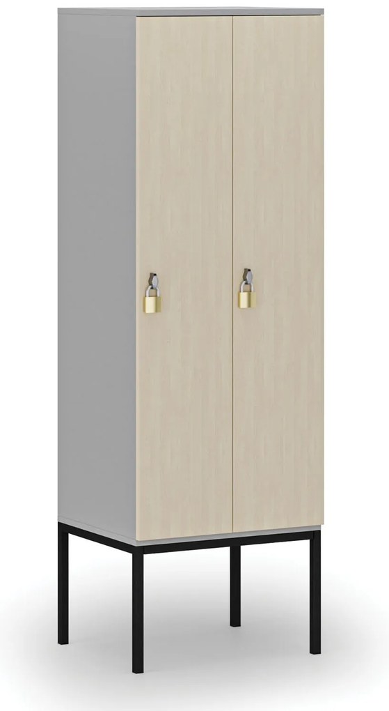 Drewniana szafa ubraniowa S4 z podstawą, 2-drzwiowa, 1871 x 600 x 500 mm, demontaż, zamek obrotowy, szary/brzoza