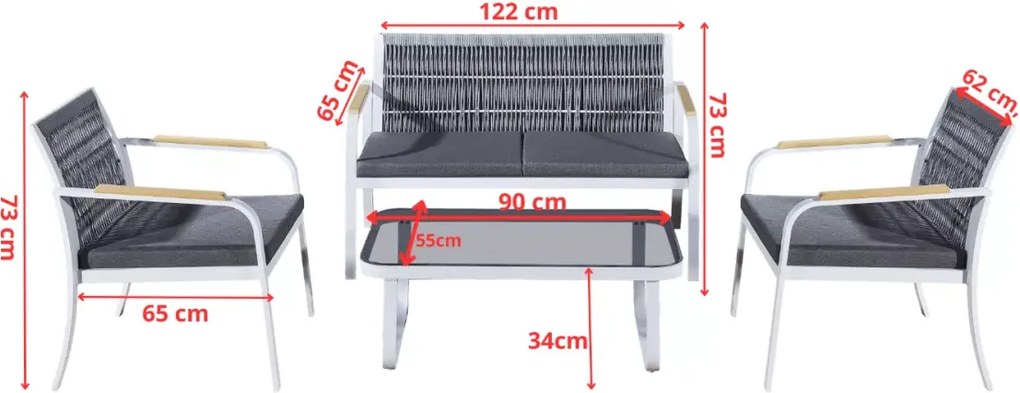 Zestaw mebli ogrodowych z aluminium Vento z plecioną liną - sofa, dwa fotele, stolik kawowy