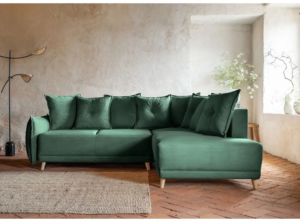 Zielony sztruksowy rozkładany narożnik (prawostronny) Lazy Lukka – Miuform