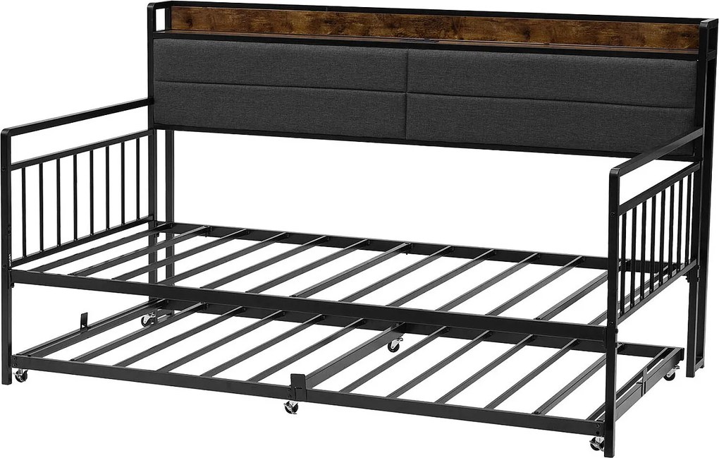 Rama Łóżka SucceBuy Dzień Bliźniak z Wytrzymałego Metalu, Bliźniacze Łóżko Schowkowe bez Materaca, z Kołami, Stacją Ładowania i Stelażem z Metalowych Listew