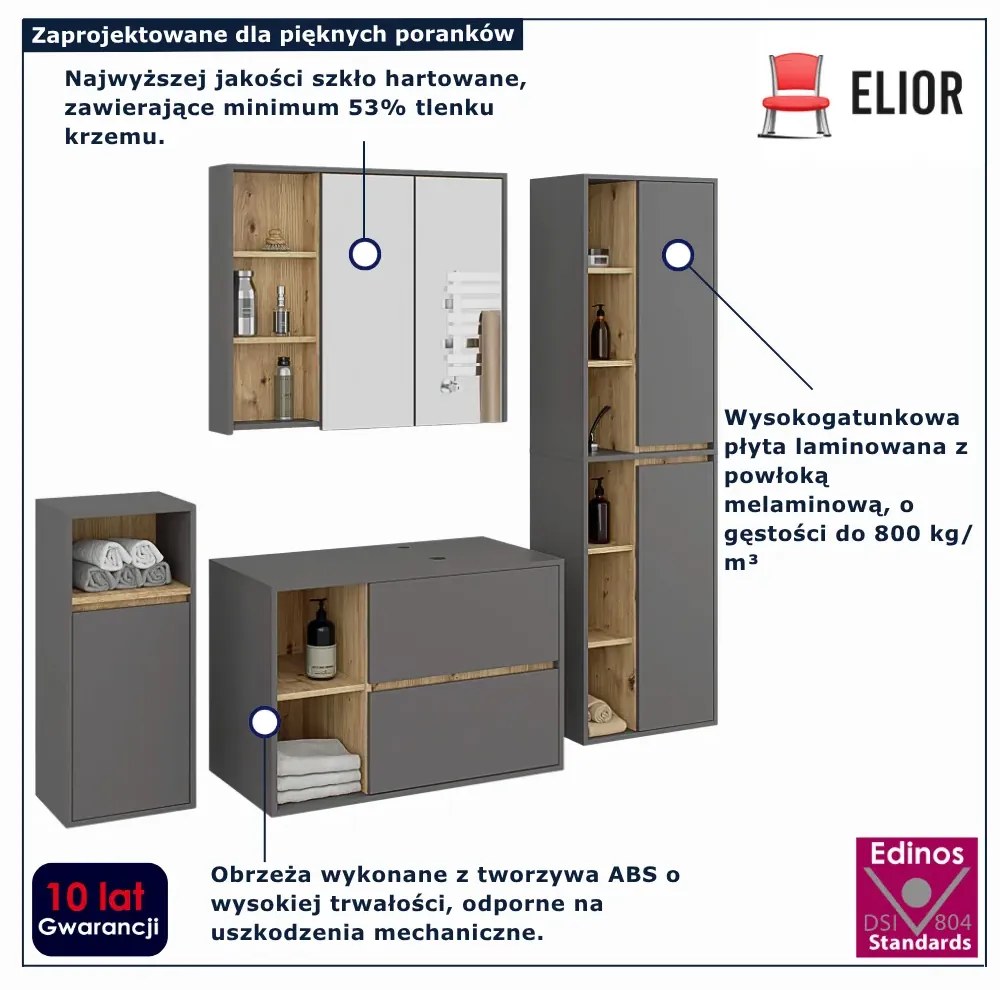 Komplet mebli łazienkowych grafit + dąb artisan  W8-C09