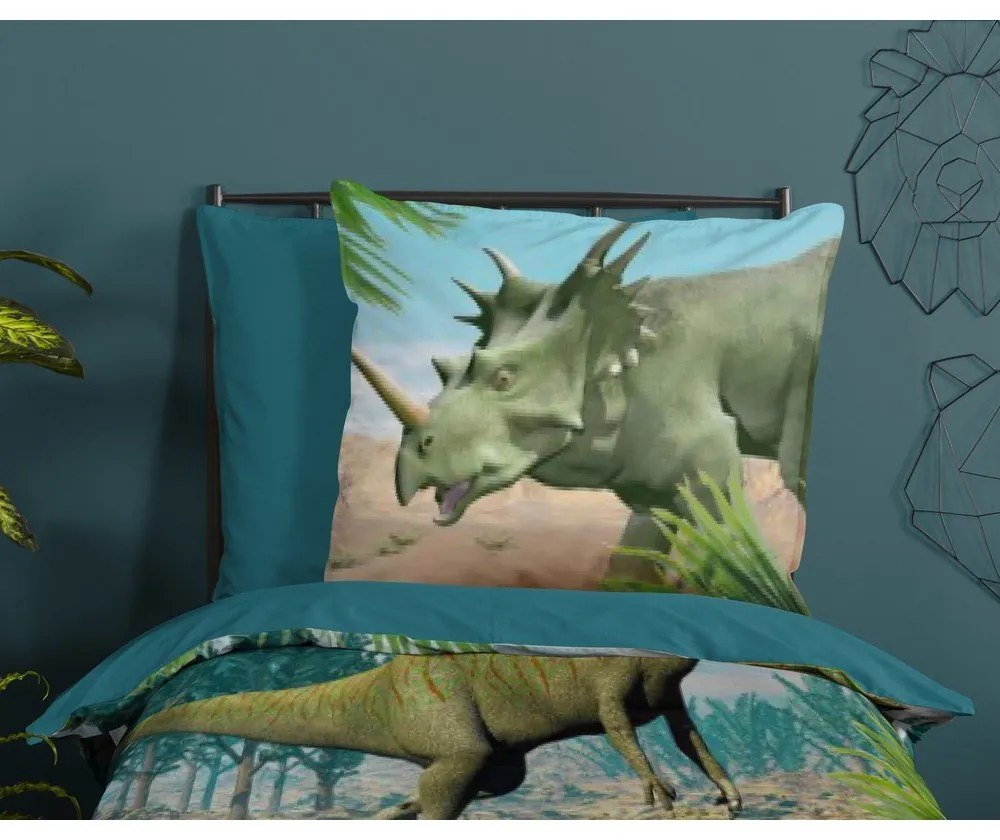 Zielona/niebieska bawełniana pościel dziecięca jednoosobowa 140x200 cm Dino – Good Morning