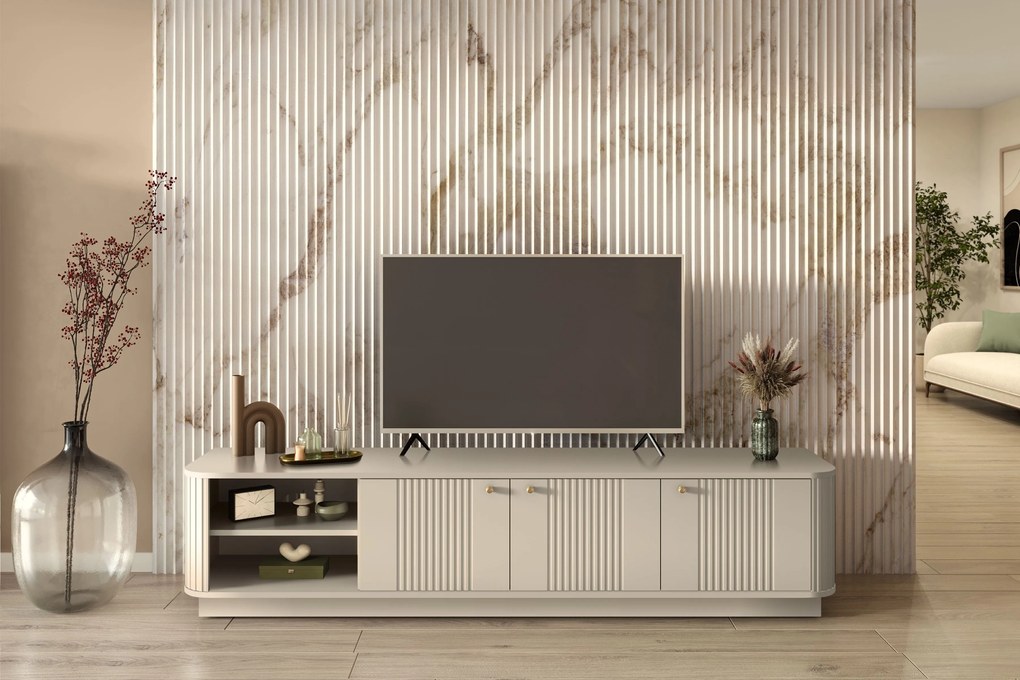 Szafka RTV Vesper 3D 187 cm na cokole - kaszmir / złote uchwyty