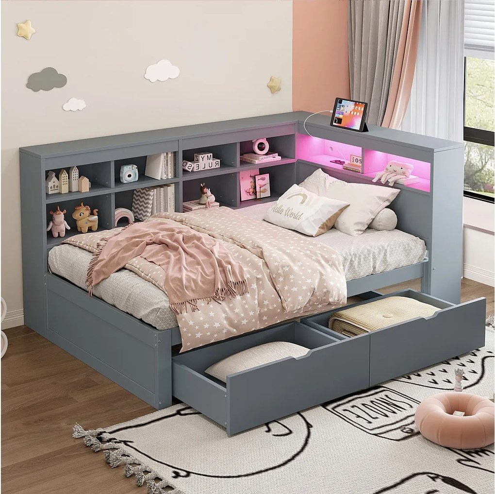Sofa tapicerowana z funkcją spania - 90 x 200 cm - 2 szuflady - diody LED i gniazdka - ze schowkiem - tkanina flanelowa - szara