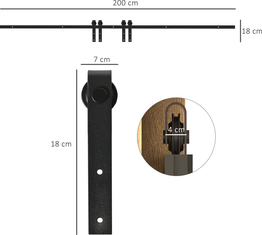 HOMCOM Zestaw do Podwójnych Drzwi Przesuwnych Prowadnica Stal Węglowa Czarna 200x06x18cm | Aosom PL