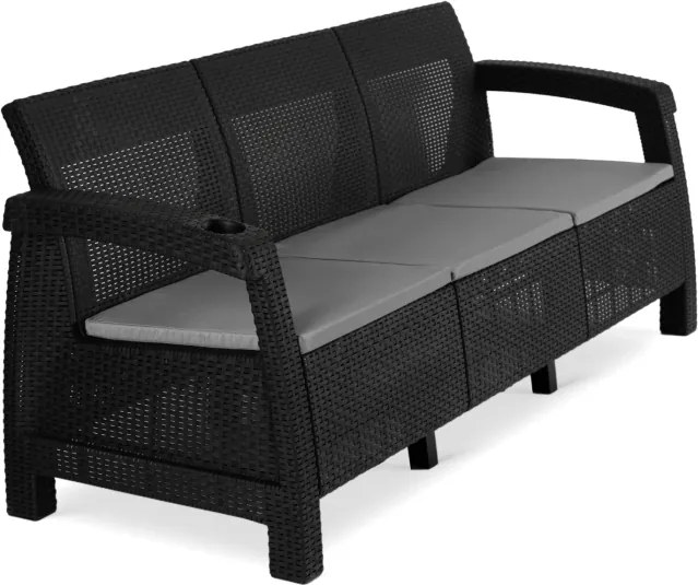 Sofa Ogrodowa FLINT Technorattan Czarna Trzyosobowa