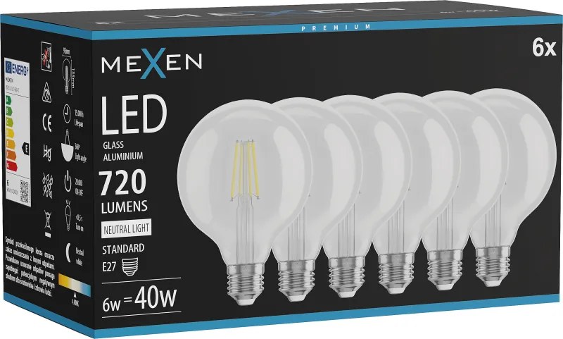 Mexen Vintis 6x żarówka filament LED E27, G95, 6W, Neutralna - 4000K, 720 lm, clear - L157-E27-0640-00x06