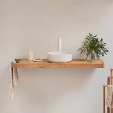 Zestaw Mebli Łazienkowych 130x45 Cm Wiszący Z Drewna Tekowego Neill Drewno Tekowe & Okrągły Ceramiczny Biały Ø40 Cm Lenka & Bezlusterkowiec & Biała ↑3