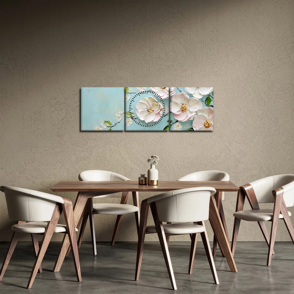 Obraz - Kwiatki na niebieskim tle (z zegarem) (90x30 cm)