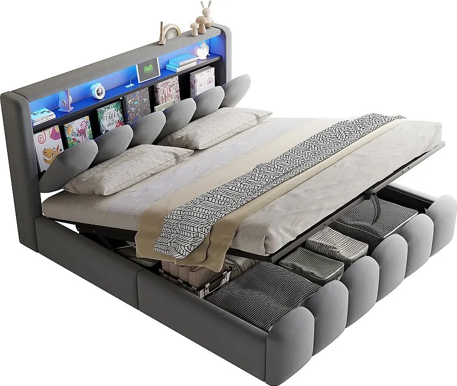 Łóżko z pojemnikiem tapicerowane 180x200 - Podwójne - z USB + Type-C - z oświetleniem LED - Aksamit - Szary (materac nie jest w zestawie)