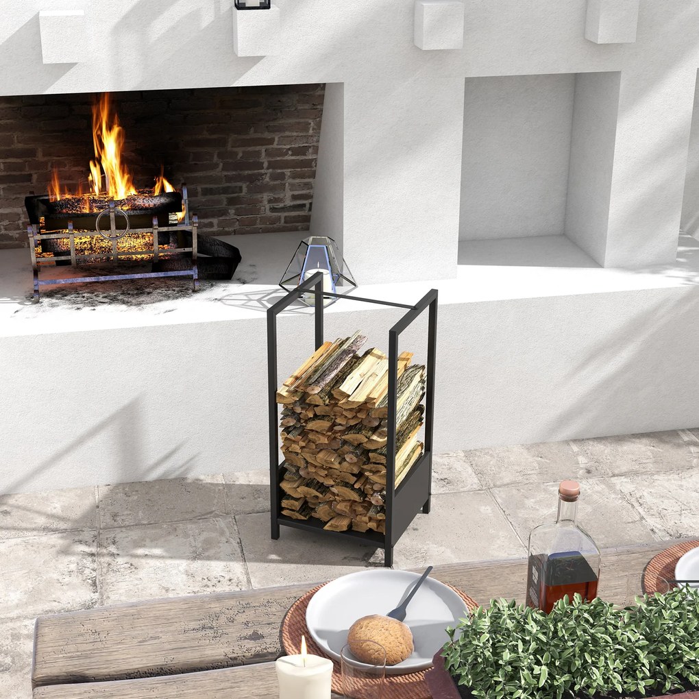 Outsunny Regał na drewno opałowe, do 50 kg, malowane proszkowo, do użytku wewnętrznego i zewnętrznego, czarny, 39 x 35 x 76 cm