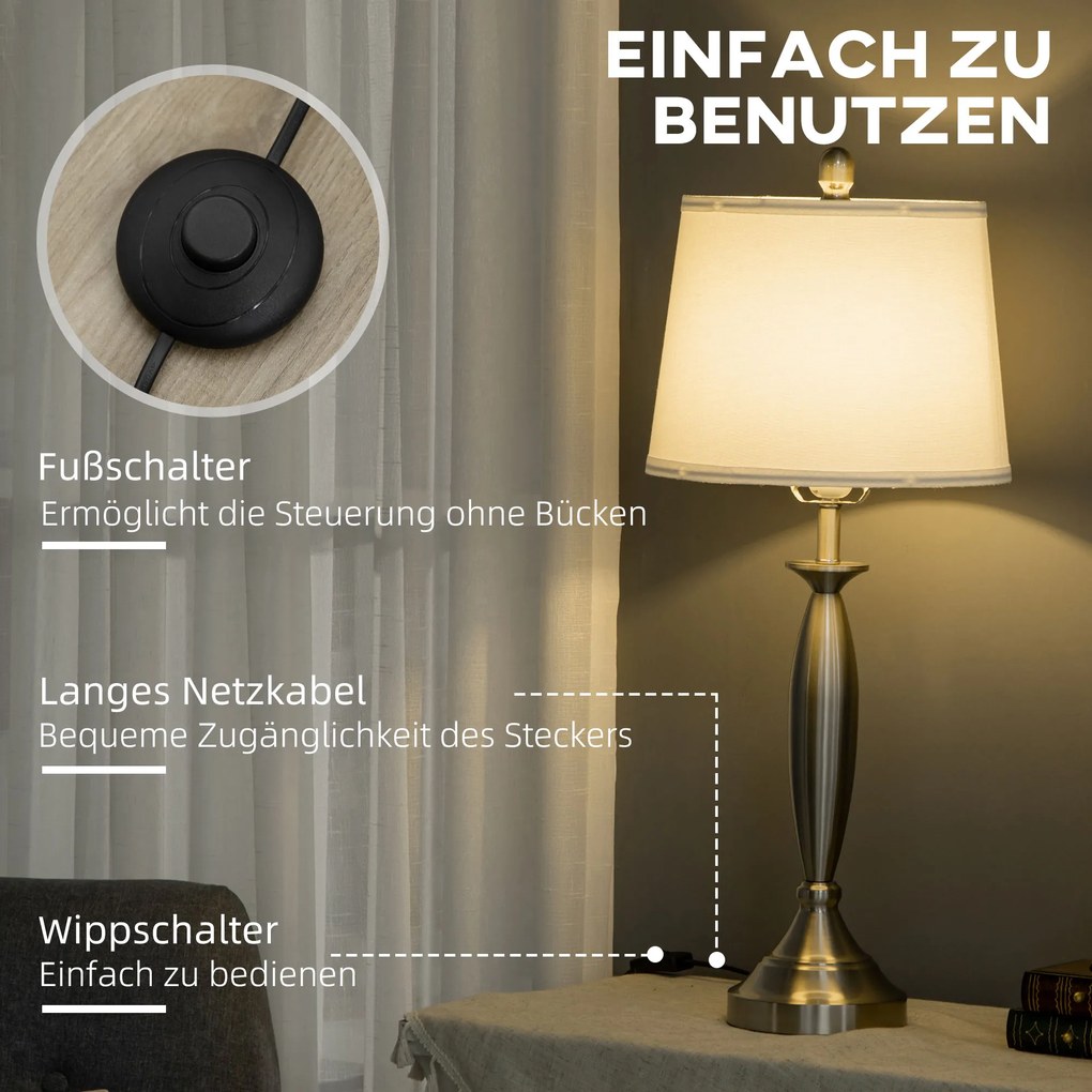 HOMCOM Zestaw 3 Lamp Srebrno Białe 1 Lampa Podłogowa 2 Lampy Stołowe Wykończenie Tkaninowe 38x38x158cm | Aosom PL