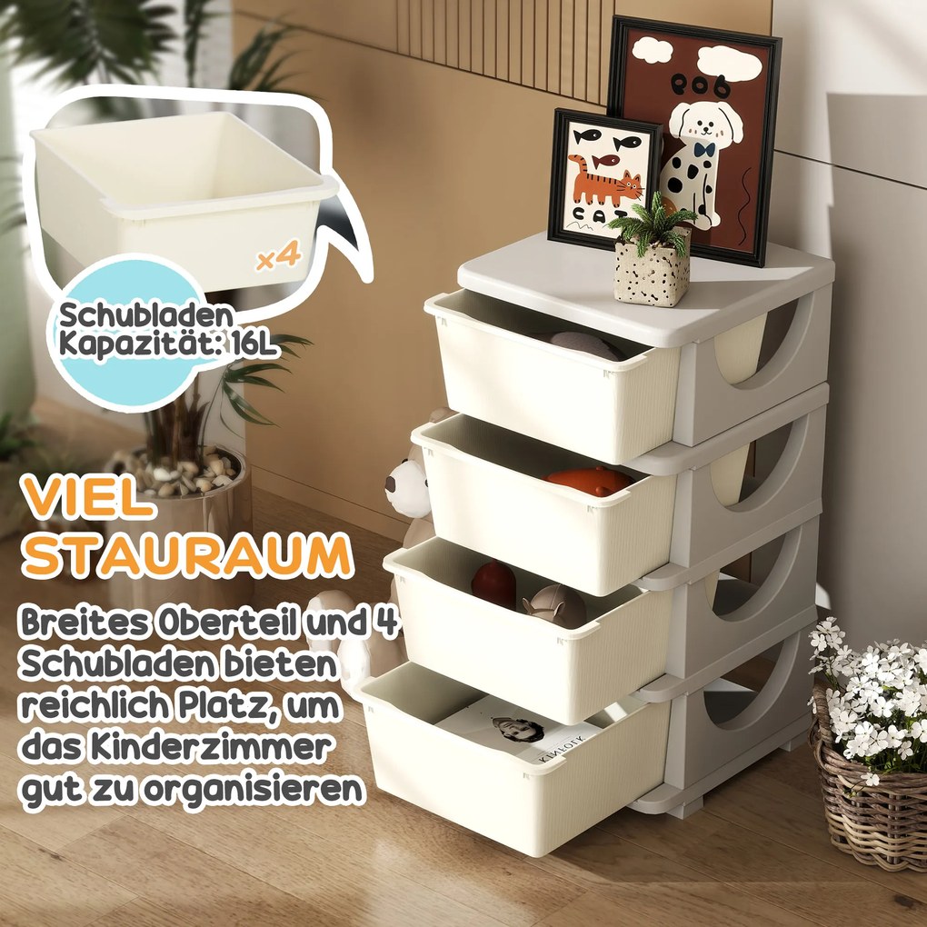 HOMCOM Skrzynki do Przechowywania dla Dzieci, 4 Duże Szuflady, Zaokrąglone Krawędzie, Plastik, 37x37x76 cm, Kremowe