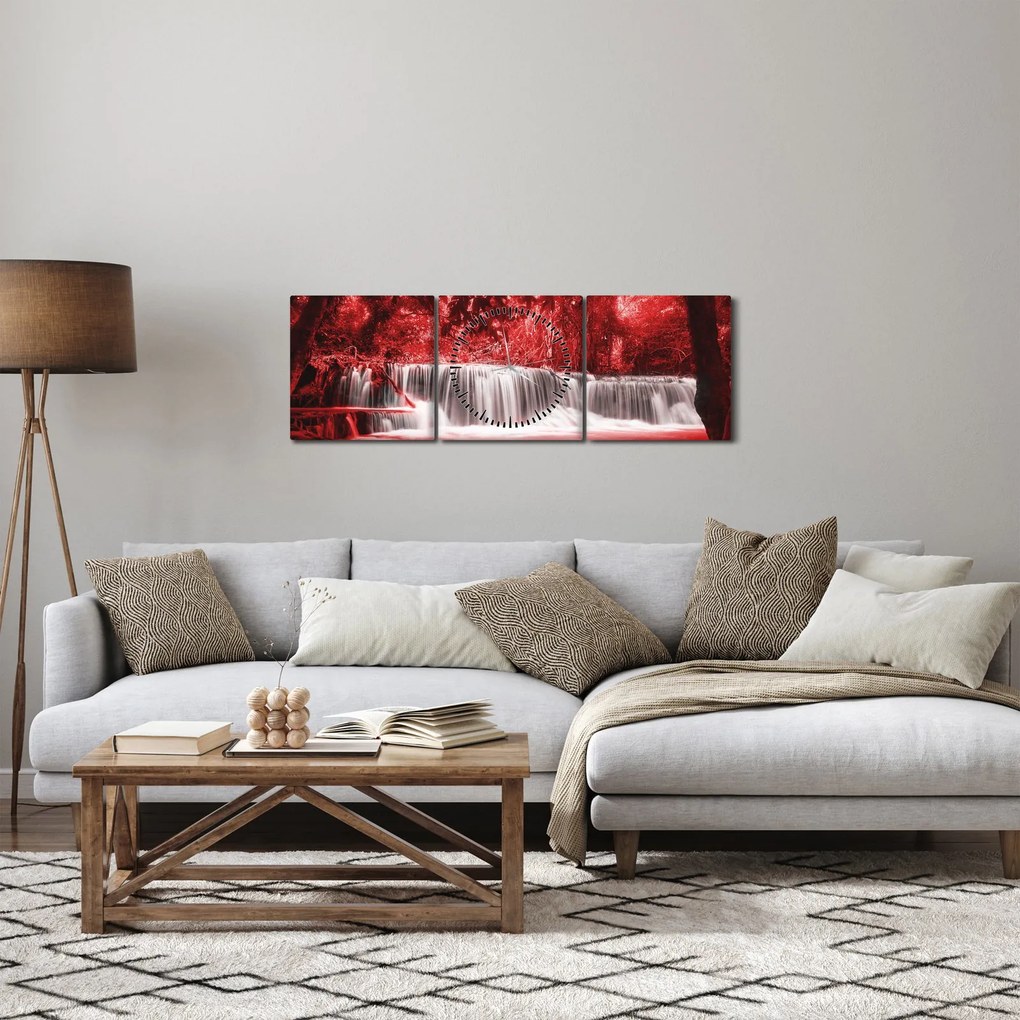 Obraz - Wodospad, czerwony (z zegarem) (90x30 cm)