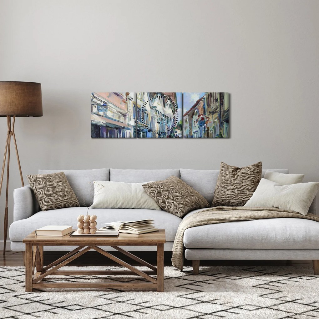 Obraz - Aleja starego miasta, malarstwo akrylowe (z zegarem) (90x30 cm)
