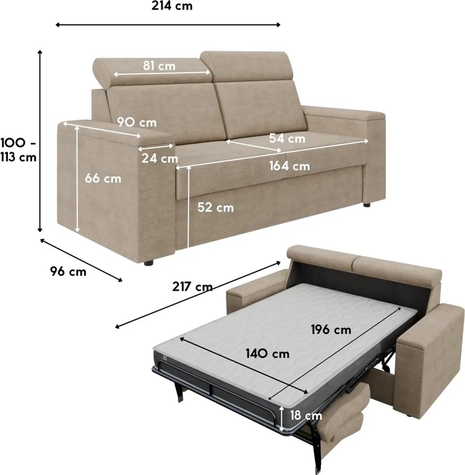 Sofa - kanapa do spania Volta 140x200 cm, z pojemnikami, materacem i stelażem włoskim