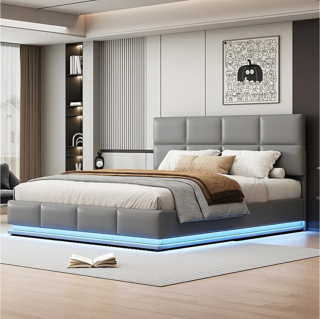 Łóżko ze schowkiem 180 x 200 cm z oświetleniem LED - skóra ekologiczna - stelaż listwowy - jasnoszary