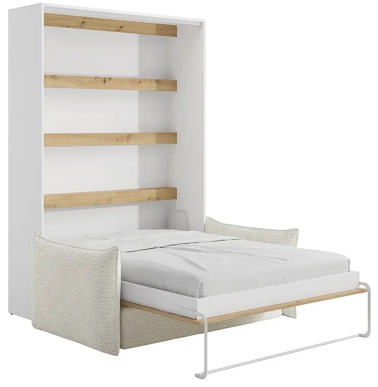 Łóżko chowane w szafie 140 x 200 cm - Otwierane pionowo ręcznie - Z oświetleniem LED - Białe i naturalne + Kanapa - RAPILI