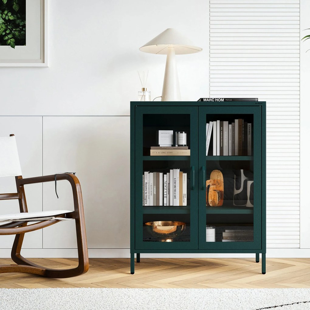 Witryna przeszklona niska butelkowa zieleń: Modern GINA, 800 x 1015 x 400 mm