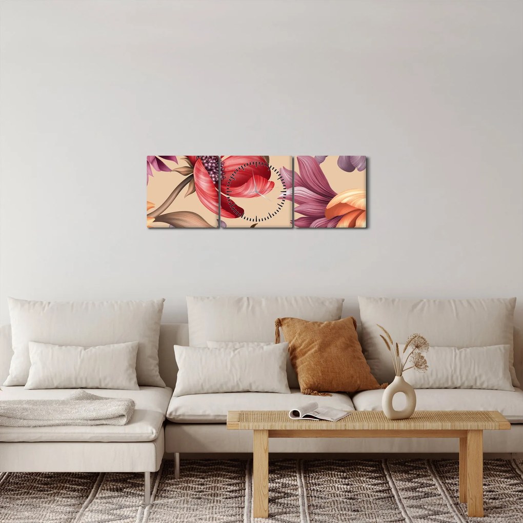 Obraz - Vintage Flowers (z zegarem) (90x30 cm)