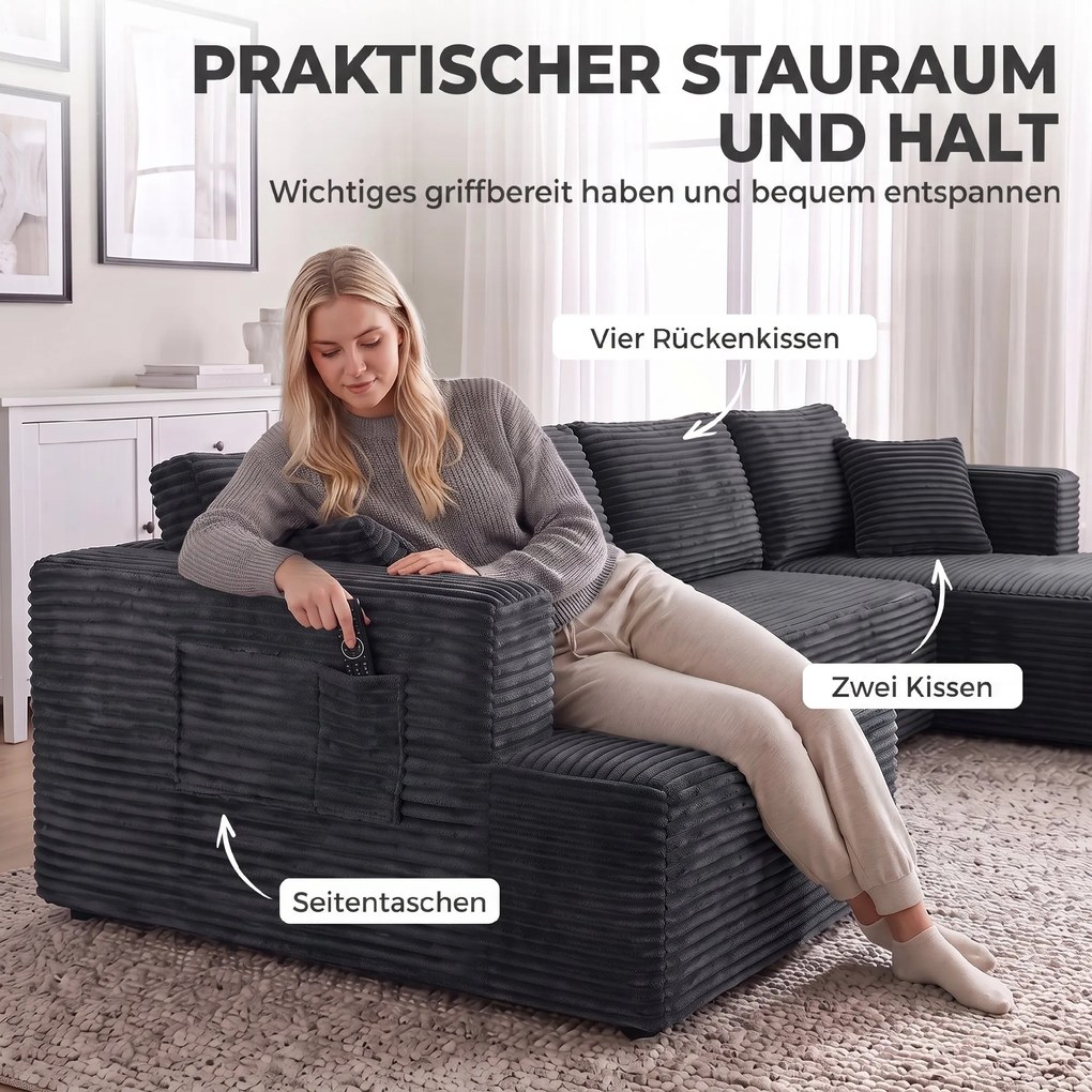 HOMCOM Modułowa sofa w kształcie U z 2 szezlongami, sztruksowa sofa rozkładana z pianką o wysokiej gęstości i sprężynowym wypełnieniem, Ciemnoszara | Aosom PL