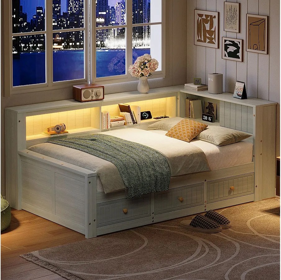 Drewniana sofa dziecięca z funkcją spania - 90 x 200 cm - z półką do przechowywania + 3 szuflady + diody LED - płyta MDF + sklejka - szara