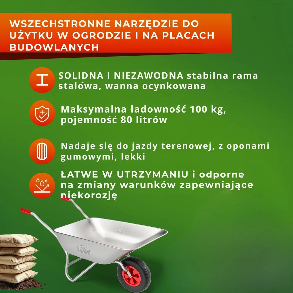 Taczka ogrodowa ocynkowana LARRY, max. pojemność 80l/100kg, srebrna/czarna Gardebruk