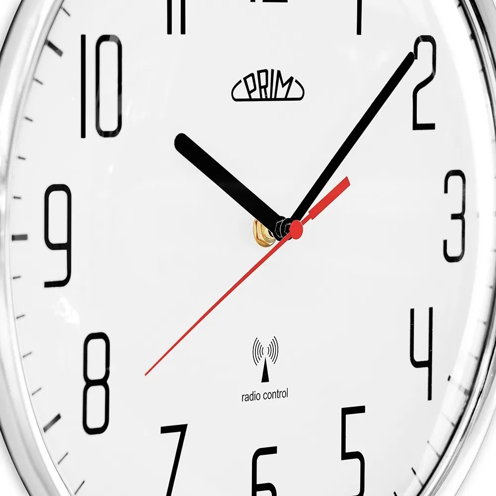 Plastowy zegar biały/błyszczący srebrny PRIM Radio ∅ 292 × 48 mm