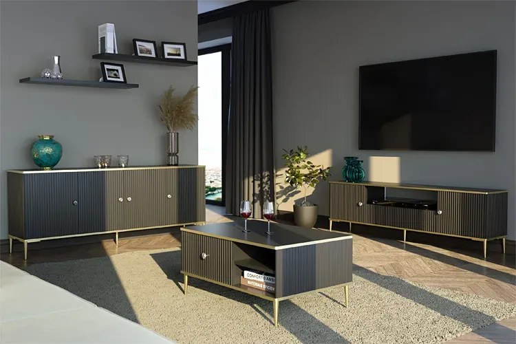Czarna komoda glamour z lamelami - Olbia 3X
