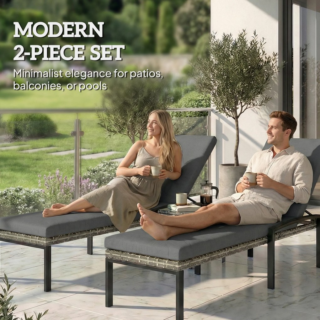 Outsunny Zestaw 2 rattanowych leżaków ogrodowych z 5-stopniowym regulowanym oparciem, do 120 kg, jasnoszary | Aosom PL