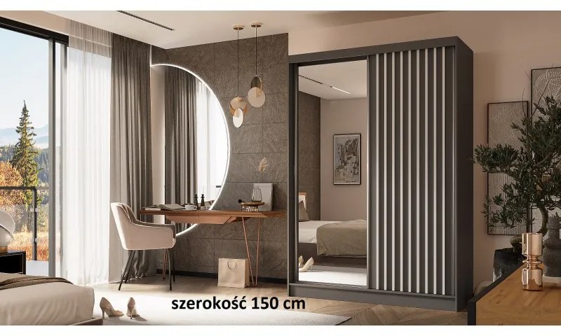 Biała szafa z lamelami i lustrem Lena 240 cm pojemna do sypialni