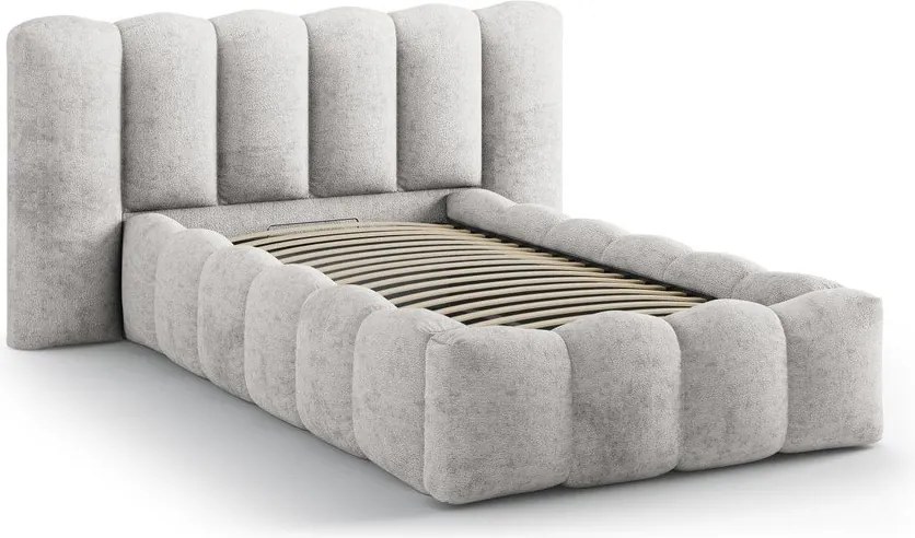 Szare tapicerowane łóżko jednoosobowe ze schowkiem i stelażem 90x200 cm Lupine – Micadoni