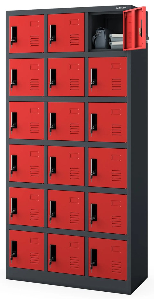 Szafka pracownicza skrytkowa antracytowo-czerwona: KAROL, 900 x 1850 x 400 mm