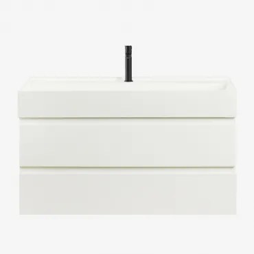 Zestaw Wiszących Mebli Łazienkowych Z Drewna I Forniru Jesionowego Zintegrowany Z Umywalką Ona Biała & Bezlusterkowiec - Sklum