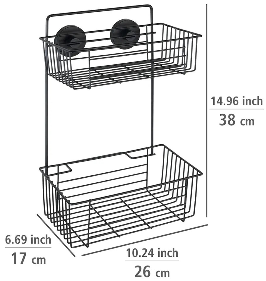 Czarna ścienna dwupoziomowa półka łazienkowa Wenko Vacuum-Loc® Pavia
