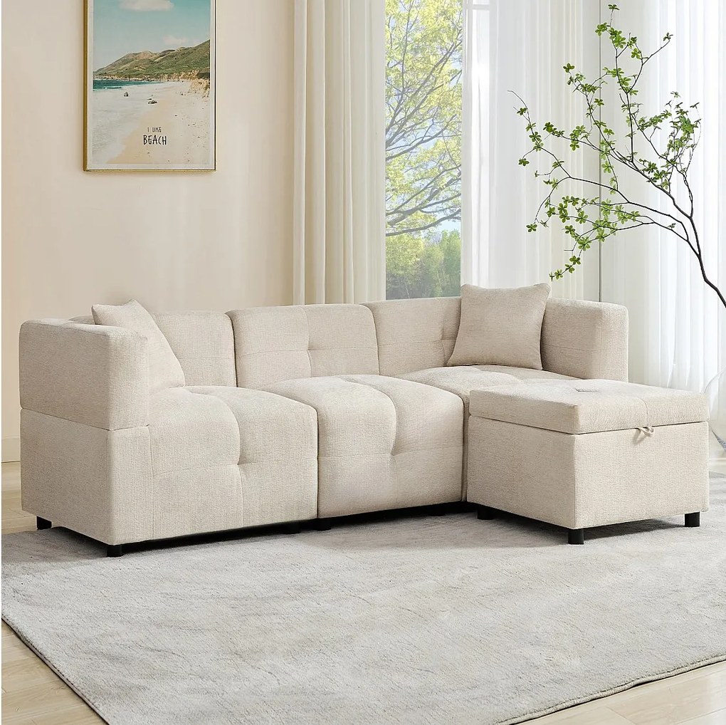 Narożnik 3-osobowy - 204 x 126 x 69 cm - ze schowkiem + wyjmowanym podnóżkiem + 2 poduszkami - Chenille - biały