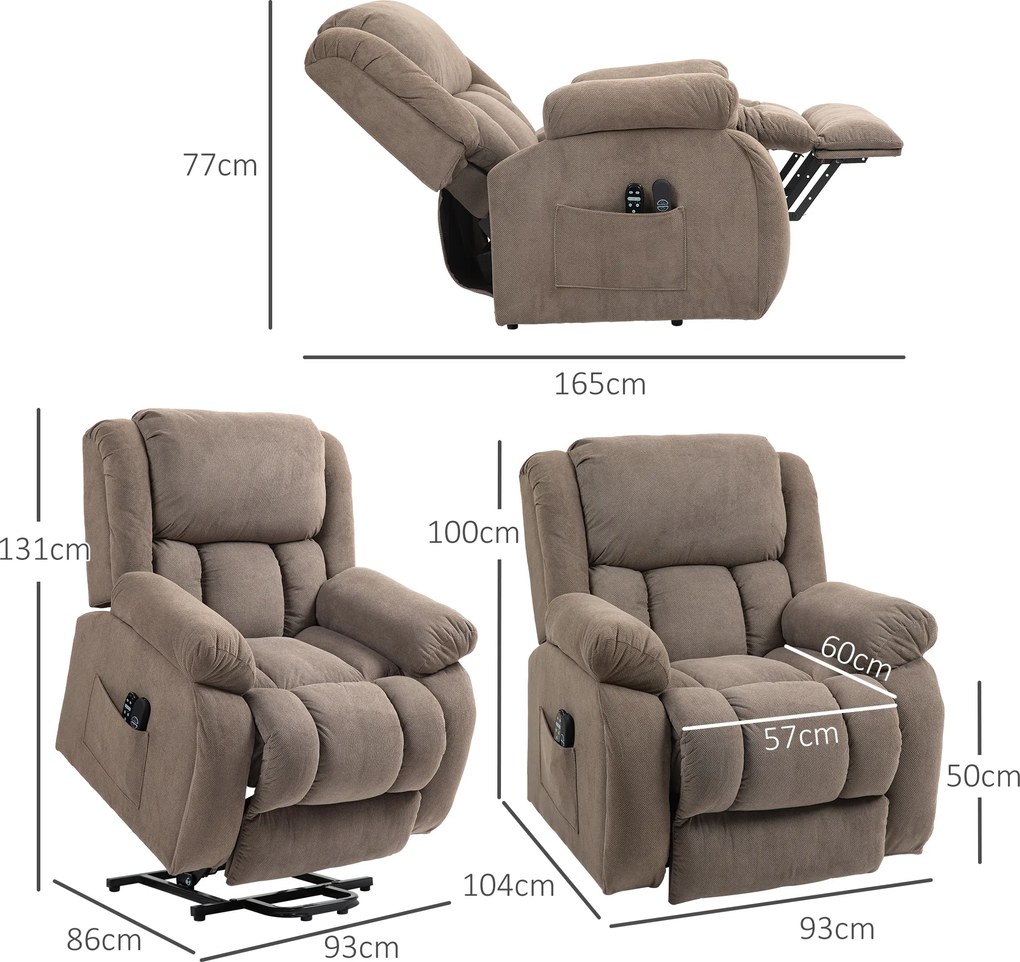 HOMCOM Fotel telewizyjny z masażem i funkcją ogrzewania, elektryczny fotel z funkcją podnoszenia, pilot, boczne kieszenie, Jasnobrązowy