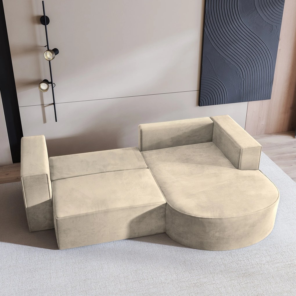 Masseno Narożnik SORELA z funkcją spania i pojemnikiem na pościel Narozniki L, Rozkładana sofa - Kremowy, MONOLITH 04