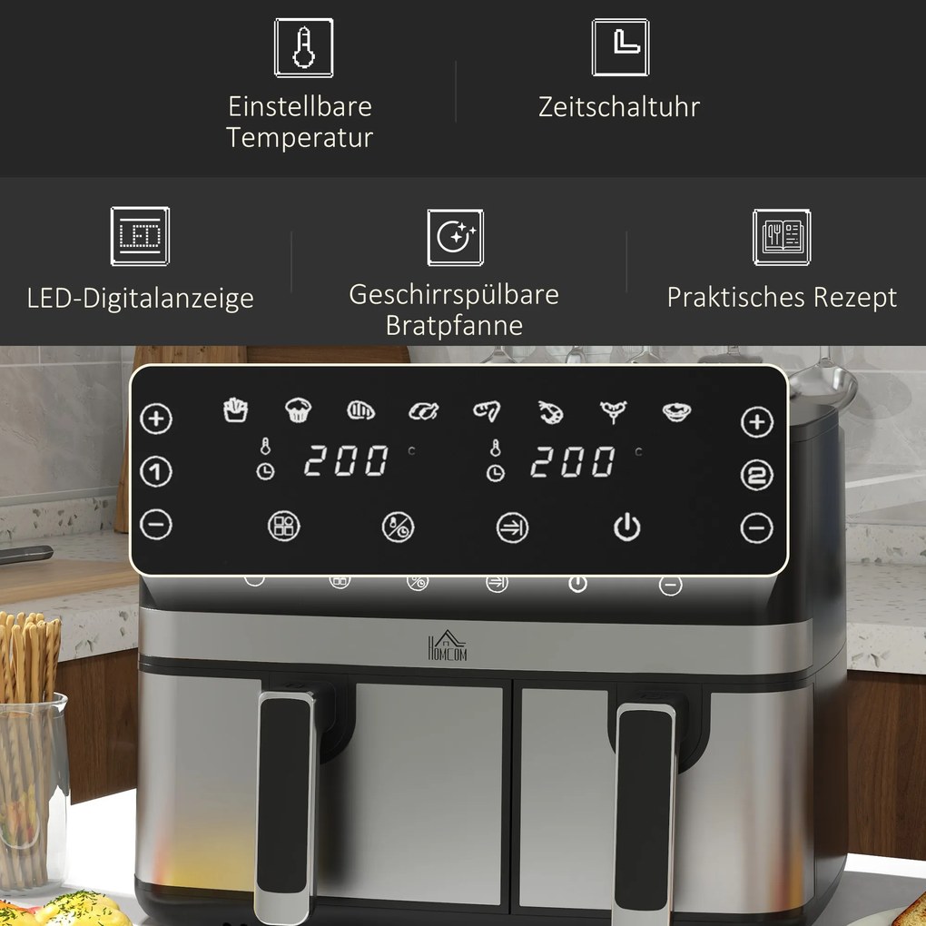 Frytkownica HOMCOM, 2700W, 8 funkcji, 41,8 cm x 39,2 cm x 31,1 cm, Czarna i Srebrna