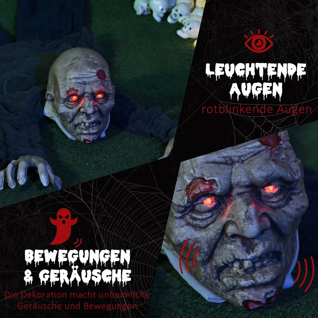 HOMCOM Dekoracja Halloween Zombie, LED Oczy, wydaje dźwięki i pełza, czujnik ruchu i dźwięku, zasilanie bateryjne, 159 cm