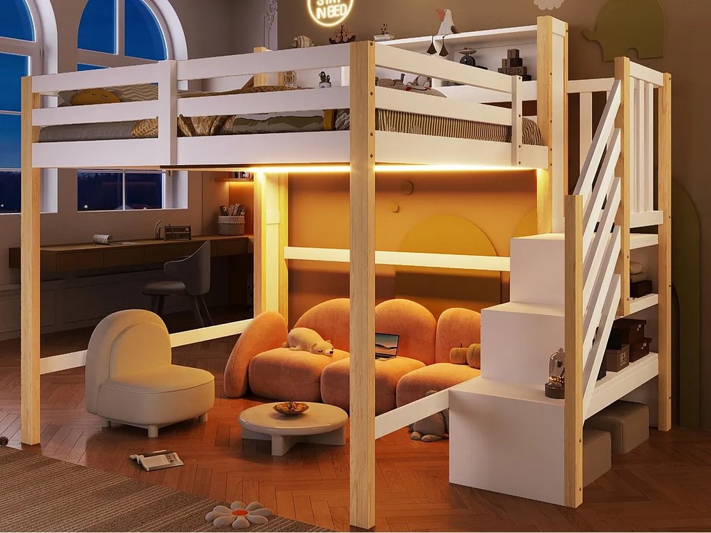 Łóżko na antresoli 140x200cm - z oświetleniem LED - z drabiną z pojemnikami - Biały + Naturalny​ (materac nie jest wliczony w cenę)