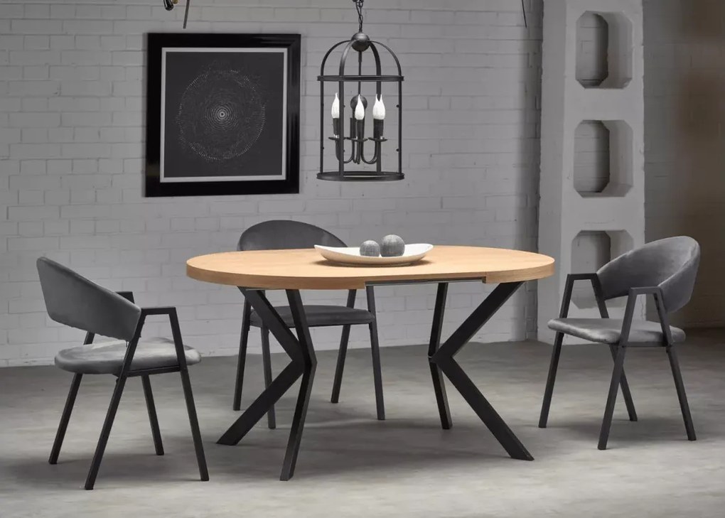 Stół okrągły rozkładany Petri 100–250 cm loft industrialny biały marmur dąb złoty metalowe nogi do jadalni salonu