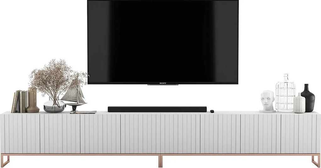 Szafka RTV z 8 drzwiami – Korpus Biały mat, frezowane fronty Biały mat – 300 cm, metalowy stelaż